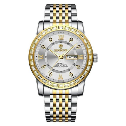 Binbond Luminous Dual Calendar Steel Strap Quartz Watch - two-tone steel strap, gold bezel, luminous hands and dual day-date display