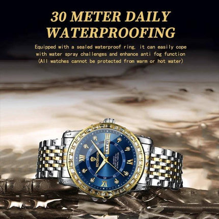 Binbond Luminous Dual Calendar Steel Strap Quartz Watch showcased with blue dial, gold accents and 30 meter water resistance for daily wear