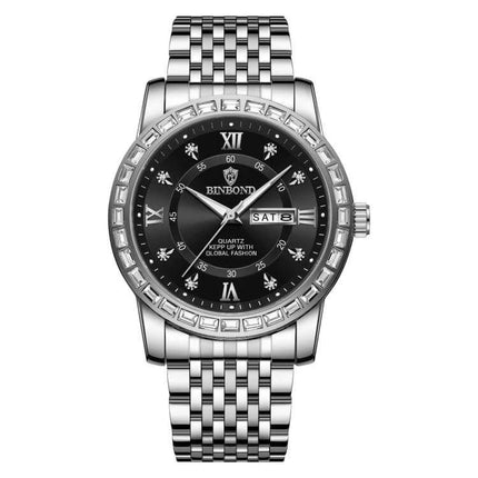 Binbond Luminous Dual Calendar Steel Strap Quartz Watch - stainless steel case, black dial, luminous hands, dual date window, 30m water resistant