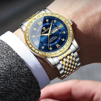 Binbond Luminous Dual Calendar Steel Strap Quartz Watch on wrist with blue dial, luminous hands, dual calendar and two-tone steel strap