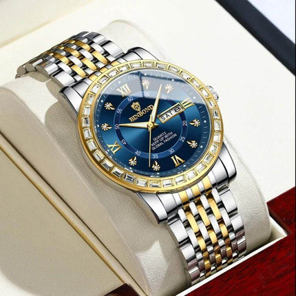 Binbond Luminous Dual Calendar Steel Strap Quartz Watch - two-tone steel strap, blue dial with luminous hands and dual day-date display