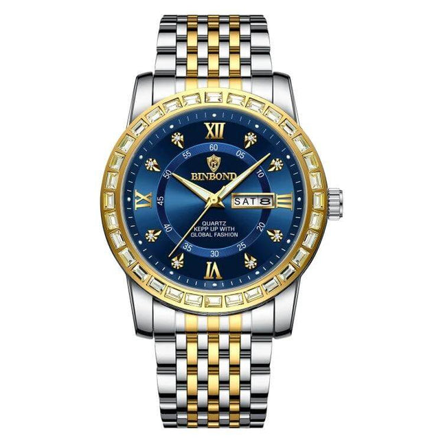 Binbond Luminous Dual Calendar Steel Strap Quartz Watch - blue dial, gold bezel and two-tone steel bracelet, luminous hands and dual date display
