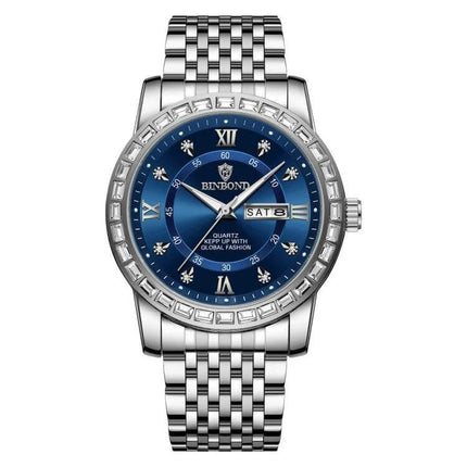 Binbond Luminous Dual Calendar Steel Strap Quartz Watch - silver steel strap, blue dial, luminous hands and dual day/date display