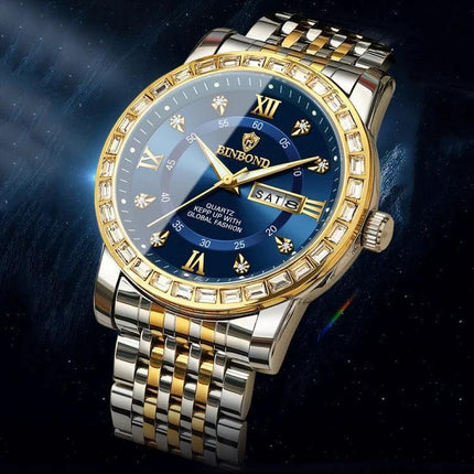 Binbond Luminous Dual Calendar Steel Strap Quartz Watch - two-tone steel strap, blue dial, luminous hands, dual calendar day/date, 30m water resistant