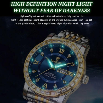 Binbond Luminous Dual Calendar Steel Strap Quartz Watch showing blue luminous dial, dual calendar window, gold-accented steel strap and night glow