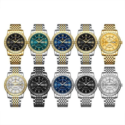 Binbond Luminous Dual Calendar Steel Strap Quartz Watch showing 10 metal strap color variants with luminous hands and dual date display
