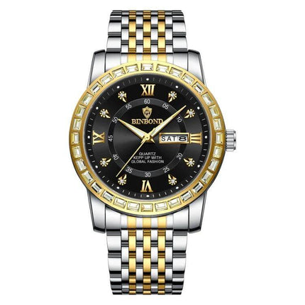 Binbond Luminous Dual Calendar Steel Strap Quartz Watch - two-tone steel strap, black luminous dial with dual calendar and gold bezel