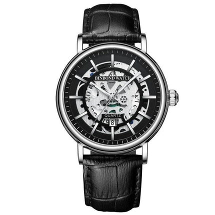 BINBOND Multifunctional Luminous Waterproof 44mm Mens Wrist Watch with black leather strap, skeleton dial, date display and luminous hands