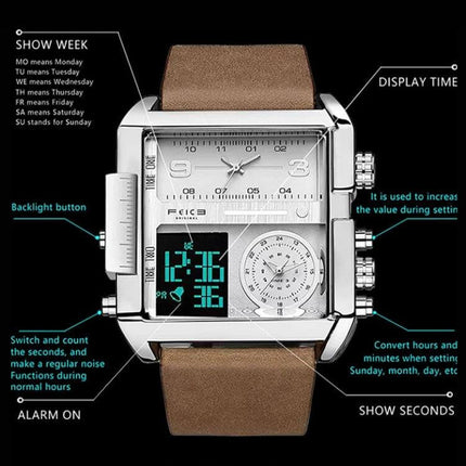 Binbond Sports Quartz Watch 45mm Stainless Steel Strap silver square case with digital display and brown leather strap showing functions