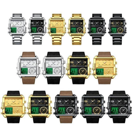 Binbond Sports Quartz Watch 45mm Stainless Steel Strap showing multiple color and strap options with calendar and luminous hands