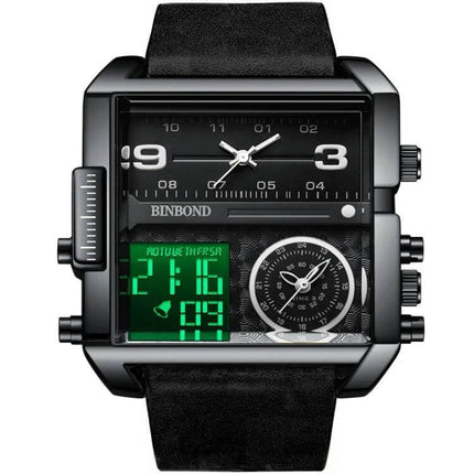 Binbond Sports Quartz Watch 45mm Stainless Steel Strap black square case dual analog digital display luminous hands calendar