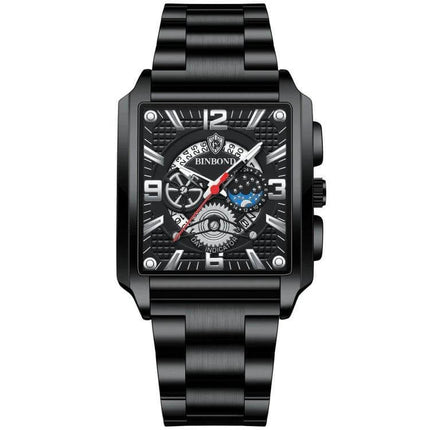BINBONG Men Vintage Square Quartz Watch With Luminous Dial — black square case, luminous hands, calendar display, steel bracelet option, quartz movement