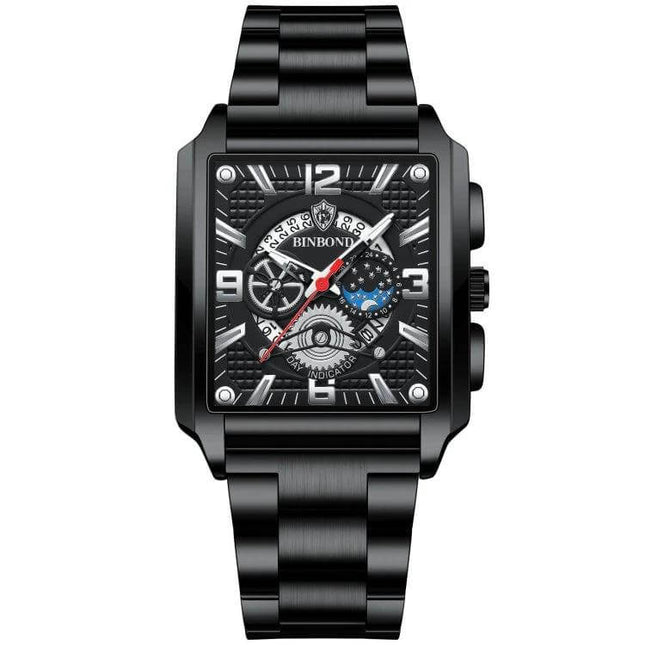 BINBONG Men Vintage Square Quartz Watch With Luminous Dial — black square case, luminous hands, calendar display, steel bracelet option, quartz movement