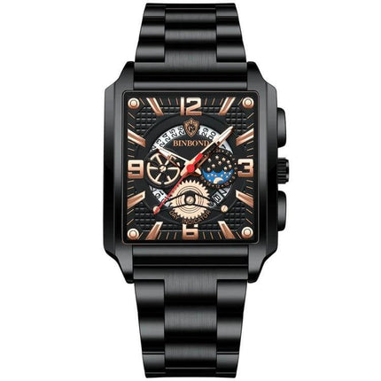 BINBONG Men Vintage Square Quartz Watch With Luminous Dial - black square metal case, luminous dial, calendar and steel bracelet for daily and office wear