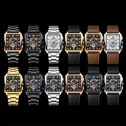 BINBONG Men Vintage Square Quartz Watch With Luminous Dial - lineup of metal bracelet and leather strap square watches on black background