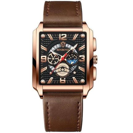 BINBONG Men Vintage Square Quartz Watch With Luminous Dial brown leather strap square rose gold case luminous dial calendar for office and daily wear