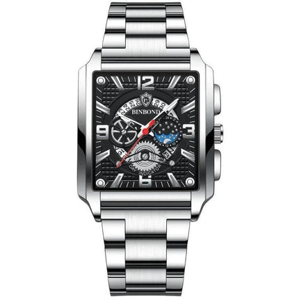 BINBONG Men Vintage Square Quartz Watch With Luminous Dial - stainless steel square case, luminous dial, calendar, quartz movement, metal bracelet