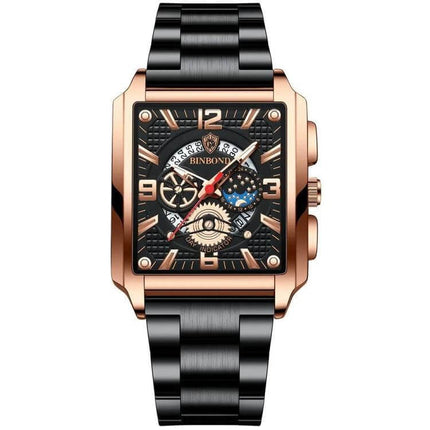 BINBONG Men Vintage Square Quartz Watch With Luminous Dial - black steel bracelet, rose gold square case, luminous dial and calendar