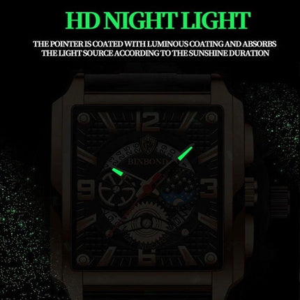 BINBONG Men Vintage Square Quartz Watch With Luminous Dial showing luminous hands on square dial with steel bracelet option for night visibility