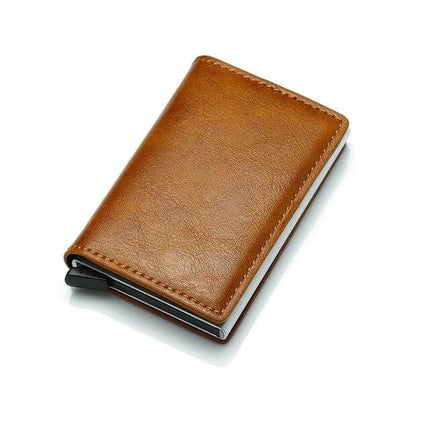 Bisi Goro RFID Card Holder Wallet Retro Leather Box Style For Everyday Use - compact brown microfiber leather RFID card wallet with aluminum inner box