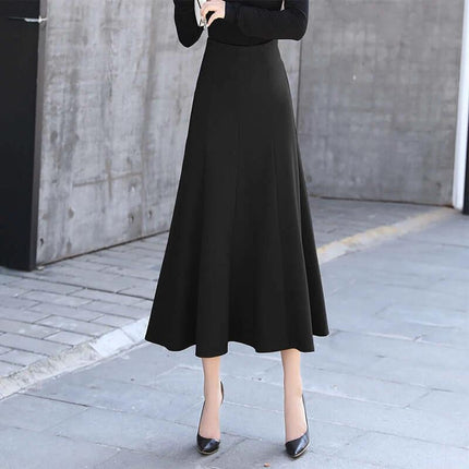 A Line Skirt Black Cotton Blend For Everyday Casual Wear - long black A-line skirt with front zipper, mid-weight drape for commuting and weekend errands
