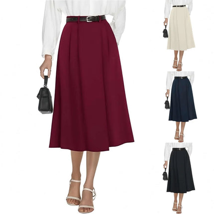 Black Business-Casual Flared A-Line Skirt With Pockets in burgundy on model styled with white blouse, belt and heels, mid-length office-ready silhouette