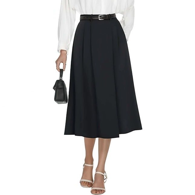 Black Business-Casual Flared A-Line Skirt With Pockets shown with belt, white blouse, mid-length hem and side pockets for office wear