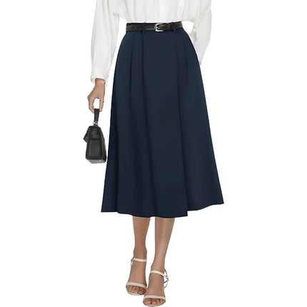 Black Business-Casual Flared A-Line Skirt With Pockets styled with white blouse, black belt and heels, mid-length office-ready polyester A-line skirt