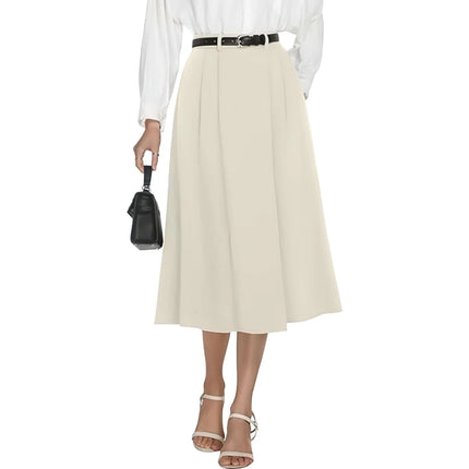 Black Business-Casual Flared A-Line Skirt With Pockets modeled with white blouse, black belt, black handbag and sandals — mid-length office wear