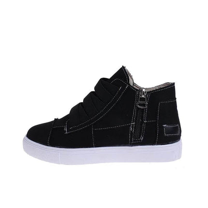 Canvas Flat Walking Shoes For Women With Side Zipper Closure in black canvas with white rubber sole, side zipper for easy on/off, comfort lining