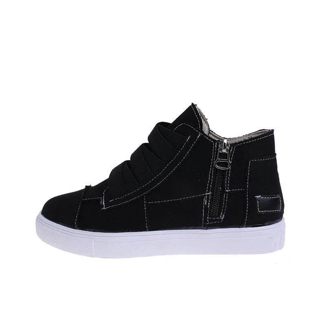 Canvas Flat Walking Shoes For Women With Side Zipper Closure in black canvas with white rubber sole, side zipper for easy on/off, comfort lining
