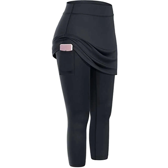 Casual Sports Skirt With Hidden Pocket For Running And Yoga in black with built-in shorts and side phone pocket for running, tennis, and yoga
