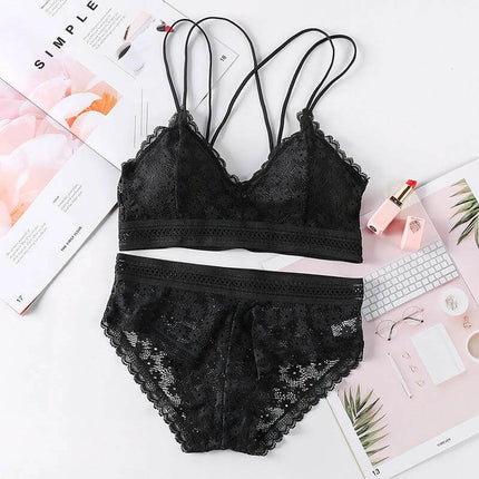 Cotton Blend Lace Bra Fits 32-34 A-C Cups For Everyday Wear - black lace bralette and matching briefs flatlay