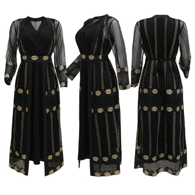Chiffon Vest Dress For Everyday Wear Ideal For Work And Casual Outings - black embroidered chiffon vest dress, long skirt, sheer sleeves, versatile styling