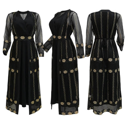 Chiffon Vest Dress For Everyday Wear Ideal For Work And Casual Outings black embroidered chiffon vest dress with long skirt and sheer sleeves