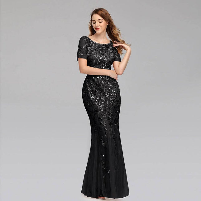 Evening Dress Floor-Length For Formal Occasions You Can Wear - black lace embroidered round-neck gown, floor-length silhouette