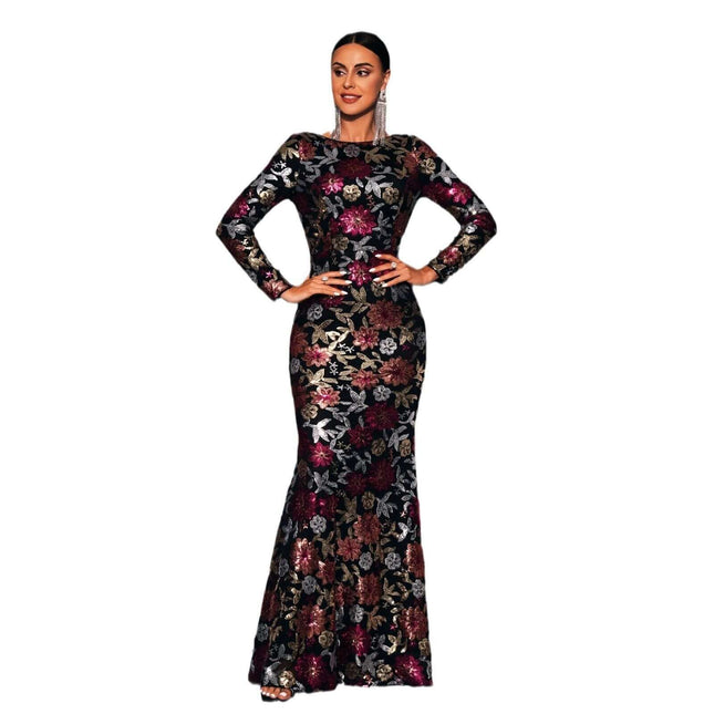 Evening Gown Sequined For Banquets And Formal Events - long-sleeve high-waist floor-length sequin gown in floral pattern for banquets and weddings