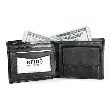Leather RFID Wallet Clutch For Men With Card Slots Everyday Carry - black full-grain leather wallet open showing card slots, ID window and bills
