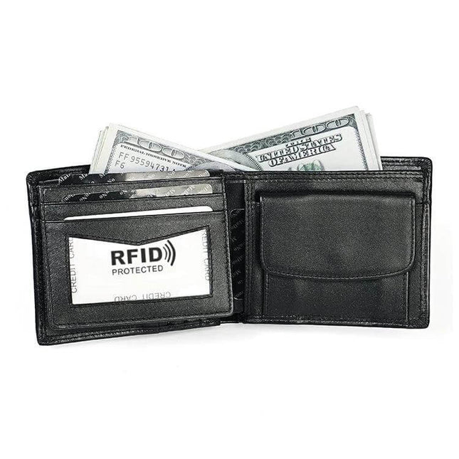 Leather RFID Wallet Clutch For Men With Card Slots Everyday Carry - black full-grain leather wallet open showing card slots, ID window and bills