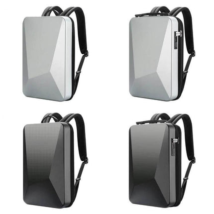 Hard Shell Expandable Backpack With USB Charging Hole, Black shown in four angles highlighting rigid PC shell and carbon fiber reinforcement