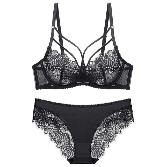 Lace 3/4 Cup Bra And Low Waist Brief Set Adjustable Straps - black lace underwire bra with strappy adjustable straps and matching low waist briefs