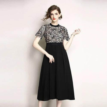 Lace Short Sleeve Mid Length Swing Dress for Everyday Casual Wear - black skirt with geometric embroidered lace bodice and flutter sleeves