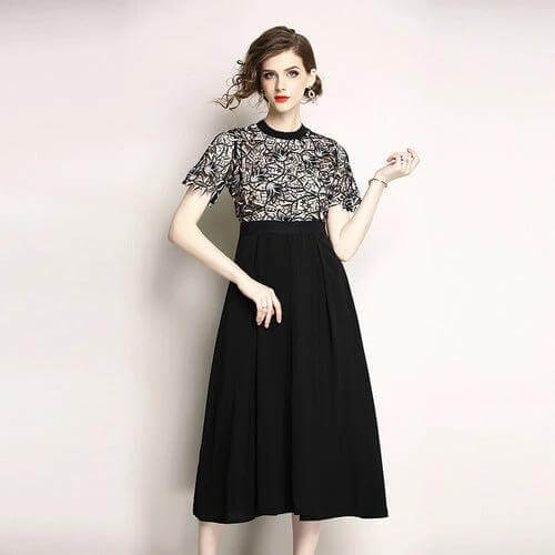 Lace Short Sleeve Mid Length Swing Dress for Everyday Casual Wear - black skirt with geometric embroidered lace bodice and flutter sleeves