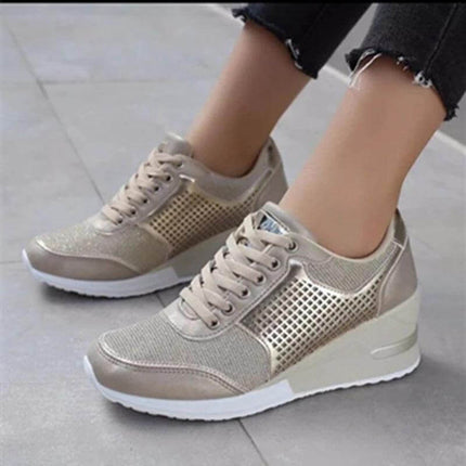 Lace Up Platform Sneakers For Women Black Wedge in metallic beige with waterproof platform and 3–5 cm wedge heel for daily urban wear