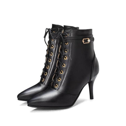 Lace Up Stiletto Ankle Boots With Side Zipper For Everyday Wear - black pointed-toe ankle boots with lace-up front, side zipper and buckle, 8cm heel