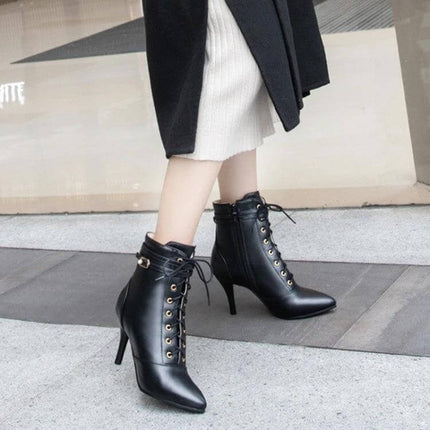 Lace Up Stiletto Ankle Boots With Side Zipper For Everyday Wear - black pointed-toe lace-up boots with side zipper and buckle on city pavement