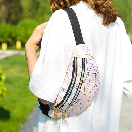 Laser Pattern PU Leather Waist Bag Black For Everyday Use worn crossbody on model showing laser geometric pattern and dual zipper pockets