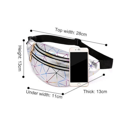 Laser Pattern PU Leather Waist Bag Black For Everyday Use - compact black PU leather waist bag with laser geometric pattern, dual zip pockets and adjustable strap