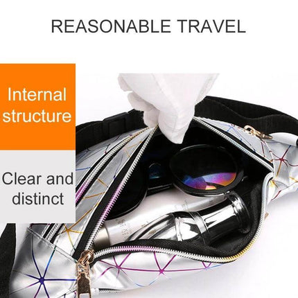 Laser Pattern PU Leather Waist Bag Black For Everyday Use showing open compartment with sunglasses, water bottle and internal structure