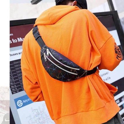Laser Pattern PU Leather Waist Bag Black For Everyday Use worn crossbody on person in orange hoodie showing compact laser-pattern design